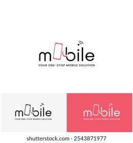 Un logotipo minimalista para una tienda móvil, con la palabra "Móvil" con un contorno de teléfono inteligente que reemplaza la letra "O" y las líneas de señal inalámbrica sobre la letra "I". A continuación, un lema dice: "Tu One-St