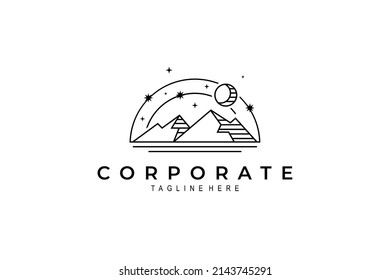 Minimalist logo of nature mountain landscape with constellation of stars and moon.