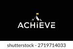 A minimalist logo representing achievement, featuring a stylized mountain peak with a golden flag at its summit, set against a stark black