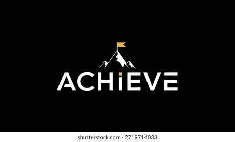 A minimalist logo representing achievement, featuring a stylized mountain peak with a golden flag at its summit, set against a stark black