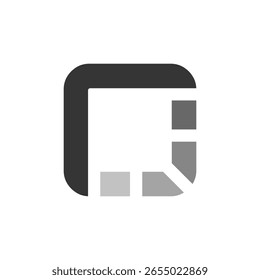 A minimalist logo with a rounded square outline, featuring abstract, segmented shapes in dark gray, light gray, and white, suggesting a 'C' or open box
