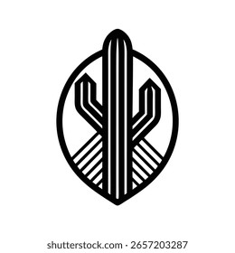 Logotipo minimalista um cacto estilizado dentro de um símbolo gráfico circular