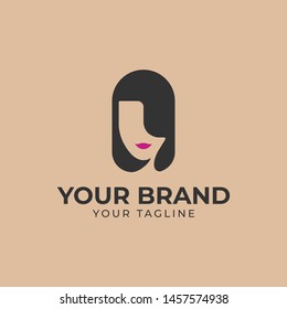 minimalist logo template of young woman's hair and lips