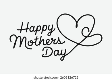 A minimalist logo with the text "Happy mothers day". There is a heart shape made of monoline calligraphy style strokes. The text and heart are in black and placed on a white background.