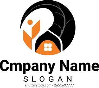Minimalist logo with tree, leaf, and house. Perfect for eco, farm, or real estate branding.


