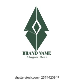 The minimalist logo is triangular in shape with modern elements in the form of an abstract green arrowhead icon in the middle symbolizing strength, growth and sustainability. The main colors are green