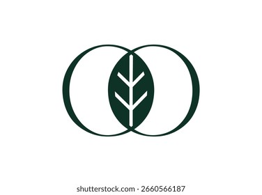 Minimalist logo with two interlocking circles and a central leaf, symbolizing connection and nature