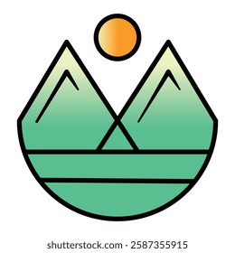 A minimalist logo with two mountain peaks and a rising sun, featuring clean lines, symmetry, and a monochrome design symbolizing strength, balance, and adventure.