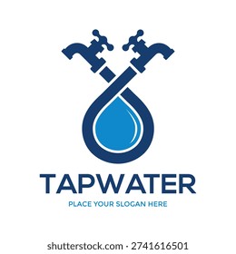 Minimalist logo of two water taps meeting at a central droplet, perfect for water supply companies or plumbing brands.