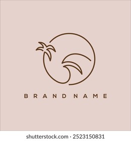 minimalist logo vacation line art palm and wave circle