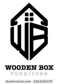 Minimalist logo vector design. The letters W and B are stylized in the logo. Building company wooden box. Roof and window of the building. Perspective lines.