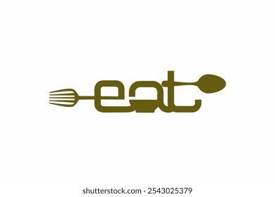 Minimalistisches Logo, Vektordesign des Wortes "essen", kombiniert mit einer Gabel, Schüssel und Löffel, symbolisiert Essen. Ideal für kulinarische Unternehmen und Lebensmittelliebhaber, die nach einer modernen und kreativen Markenführung suchen.