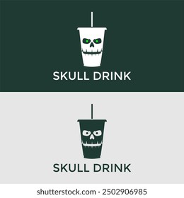 Ein minimalistisches Logo einer weißen schädelförmigen Tasse mit leuchtend grünen Augen auf dunkelgrünem Hintergrund, das eine gespenstische, unheimliche Stimmung für Halloween- oder Gothic-Motto-Designs hervorruft.