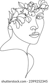 Minimalist logo for a women's line. Natural organic cosmetics. Flower head Woman line drawing illustration. Woman's face with a line of flowers. Without artificial intelligence