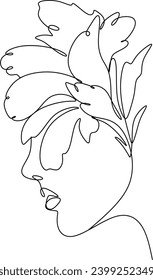 Minimalist logo for a women's line. Natural organic cosmetics. Flower head Woman line drawing illustration. Woman's face with a line of flowers. Without artificial intelligence