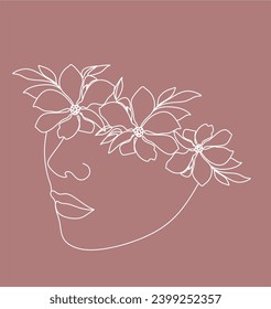 Minimalist logo for a women's line. Natural organic cosmetics. Flower head Woman line drawing illustration. Woman's face with a line of flowers. Without artificial intelligence