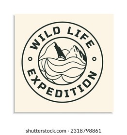Minimalist logotype camping. Poster or banner for website. Round icon, emblem or badge. Wild life and expedition, natural landscape, forest and mountains, camping. Cartoon flat vector illustration