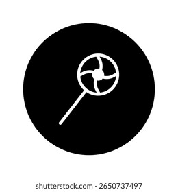 Minimalist lollipop icon on black circle background represents sweetness, childhood, and simple pleasures with modern art illustration