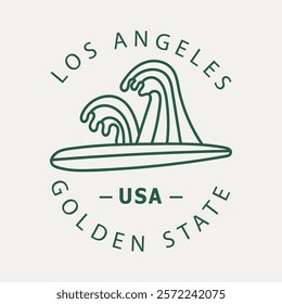 Minimalist Los Angeles design featuring waves and a surfboard, symbolizing Golden State surf culture. Perfect for beachwear, travel souvenirs, or coastal-themed graphics.