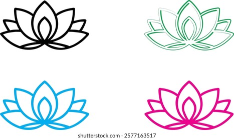 Minimalist lotus flower icons, geometric floral designs, black white blue green pink outlines, simple elegant line art, symmetrical petals, zen symbols, modern yoga studio logos, clean vector graphics