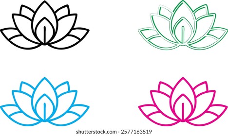 Minimalist lotus flower icons, geometric floral designs, black white blue green pink outlines, simple elegant line art, symmetrical petals, zen symbols, modern yoga studio logos, clean vector graphics