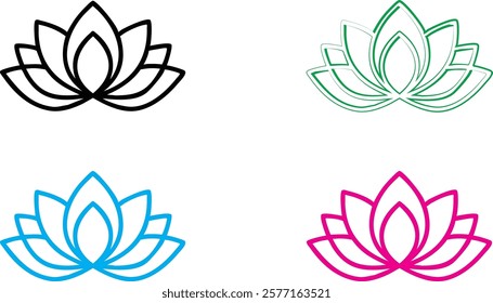 Minimalist lotus flower icons, geometric floral designs, black white blue green pink outlines, simple elegant line art, symmetrical petals, zen symbols, modern yoga studio logos, clean vector graphics