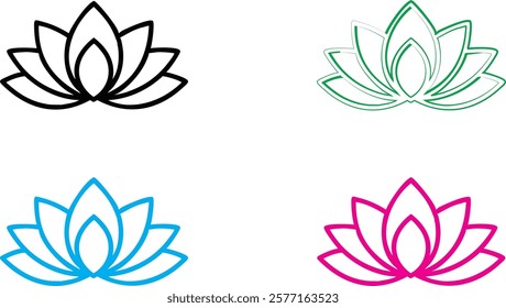 Minimalist lotus flower icons, geometric floral designs, black white blue green pink outlines, simple elegant line art, symmetrical petals, zen symbols, modern yoga studio logos, clean vector graphics