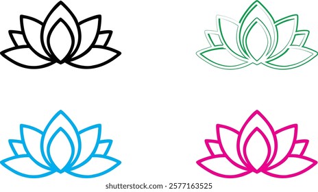 Minimalist lotus flower icons, geometric floral designs, black white blue green pink outlines, simple elegant line art, symmetrical petals, zen symbols, modern yoga studio logos, clean vector graphics