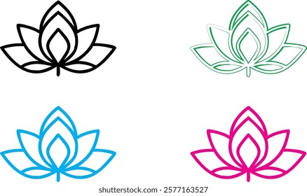 Minimalist lotus flower icons, geometric floral designs, black white blue green pink outlines, simple elegant line art, symmetrical petals, zen symbols, modern yoga studio logos, clean vector graphics