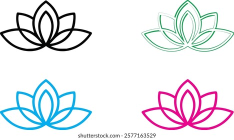 Minimalist lotus flower icons, geometric floral designs, black white blue green pink outlines, simple elegant line art, symmetrical petals, zen symbols, modern yoga studio logos, clean vector graphics