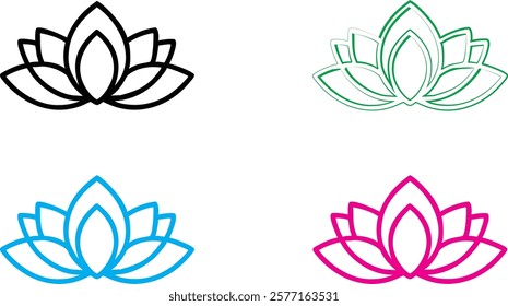 Minimalist lotus flower icons, geometric floral designs, black white blue green pink outlines, simple elegant line art, symmetrical petals, zen symbols, modern yoga studio logos, clean vector graphics