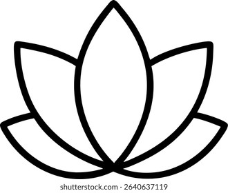 A minimalist lotus flower illustration featuring a clean, black outline. Suitable for various design projects and creative applications.