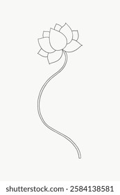 Minimalist lotus flower line drawing with a long, curved stem. Simple lotus design on a plain background, emphasizing the elegant lotus shape. Vector isolated on white.