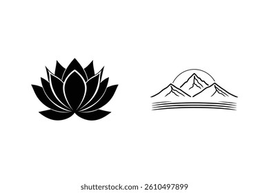 Minimalist Lotus Flower And Mountain Landscape Logo Design In Black And White