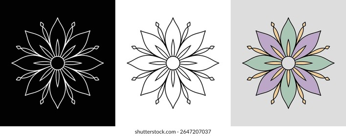 Mandala de lótus minimalista com contornos nítidos e pétalas geométricas para uma decoração serena.