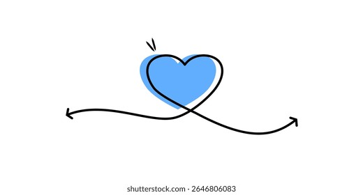 Minimalist Love Line Art with blue Heart. A minimalist continuous line drawing featuring a heart shape with a filled blue center, seamlessly connected to a cursive "love" word.