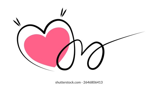 Minimalist Love Line Art with Pink Heart. A minimalist continuous line drawing featuring a heart shape with a filled pink center, seamlessly connected to a cursive "love" word.