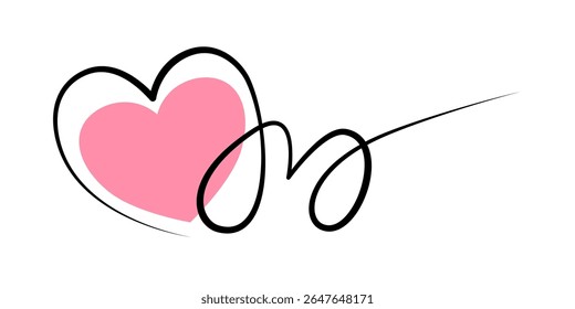 Minimalist Love Line Art with Pink Heart. A minimalist continuous line drawing featuring a heart shape with a filled pink center, seamlessly connected to a cursive "love" word.