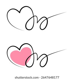 Minimalist Love Line Art with Pink Heart. A minimalist continuous line drawing featuring a heart shape with a filled pink center, seamlessly connected to a cursive "love" word.