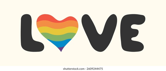 Minimalist LOVE text with rainbow striped heart and black hand drawn letters. Template for Pride Month, banners, flyers, stickers, LGBTQ support, social media graphic, greeting cards, inclusive design