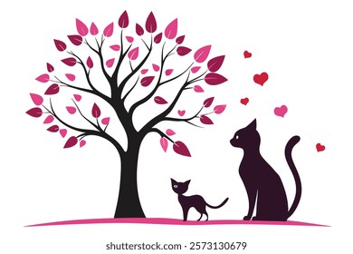 Minimalist Love Tree and Cat Silhouette Art
