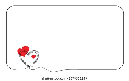 Minimalist Love, Two Red Hearts Entwined by a Continuous Line Within a Rounded Rectangular Border, Ideal for Valentine's Day or Romantic Messages,