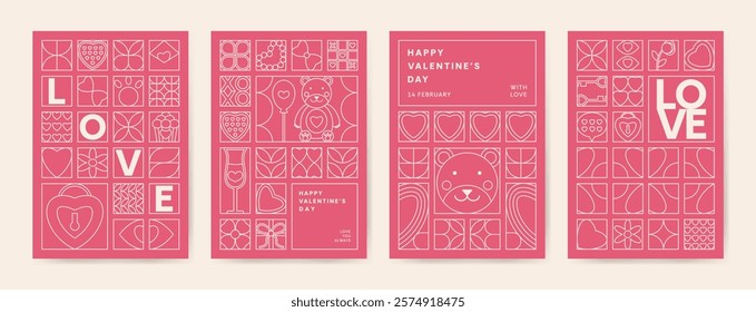 Minimalist Love vertical greeting card with Modern pattern with white icons in line style set. Valentine's Day line geometric posters template. Trendy Classic background for sale cover banner.