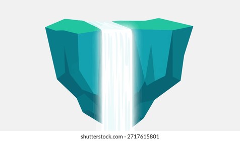 Una ilustración minimalista de baja poli de una isla flotante con una cascada sobre un fondo neutro. El diseño geométrico presenta colores turquesa y verde, dándole un aspecto fresco y moderno,