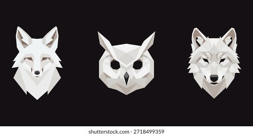Ilustración minimalista de baja poli con las cabezas de un zorro, un búho y un lobo. Este arte geométrico blanco sobre un fondo negro representa el diseño moderno de la vida silvestre y los tótems animales estilizados