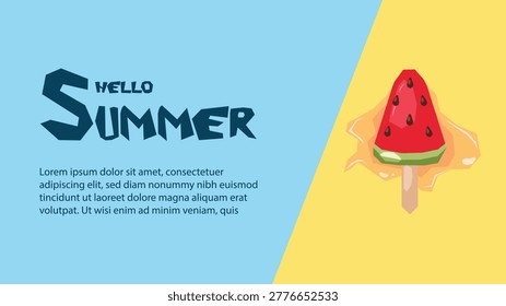 Minimalist Low-Poly Watermelon Popsicle Melting on Vibrant Dual-Tone Banner.