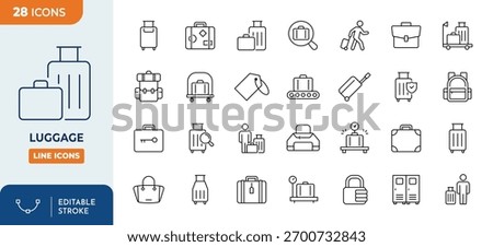 Minimalist Luggage outine icons set with editable stroke. Containing luggage, baggage, trip, travel, trolley, suitcase, and more. thin linear illustration.