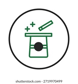 Un icono de truco de magia minimalista muestra una mesa y una varita, que simbolizan la ilusión y el misterio. Este emblema transmite una sensación de maravilla, entretenimiento teatral y el arte del engaño. Un diseño