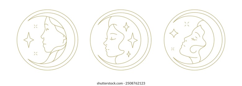 Minimalistische Magie Hexe Traum Frau Halbmond Kreis goldene Linie Kunst Symbol Satz Vektorgrafik. Mythologie heilige Meditation zen weiblichen Porträt Mond Sterne monochrome Logo für Hautpflege kosmetische Marke