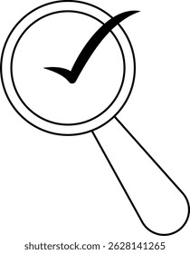 A minimalist magnifying glass with a checkmark symbolizing quality verification, confirmation, and successful search in business or data interfaces.
